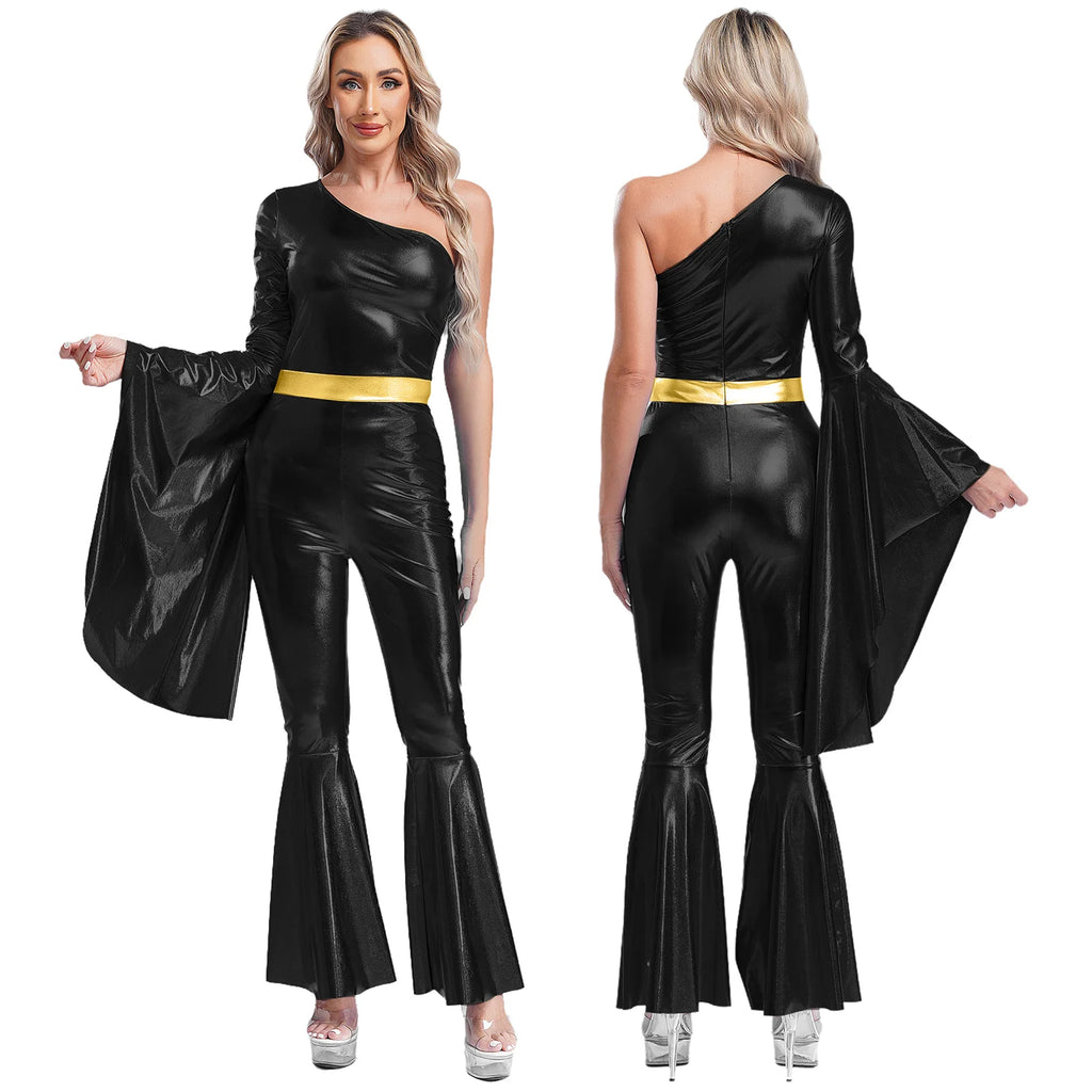 Womens 70S Disco Vintage Jumpsuit Metallic Shiny Flare Sleeve Bodysuit Hippie Bell Bottom Jazz Dance Carnival Rave Party Costume
