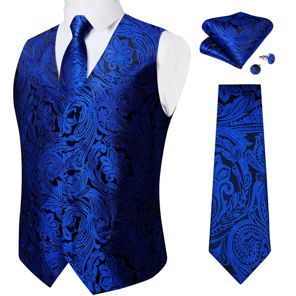Fashion Light Blue Paisley Silk Vests for Men with Tie Handkerchief Cufflinks Business Wedding Party Waistcoat Tuxedo Vest