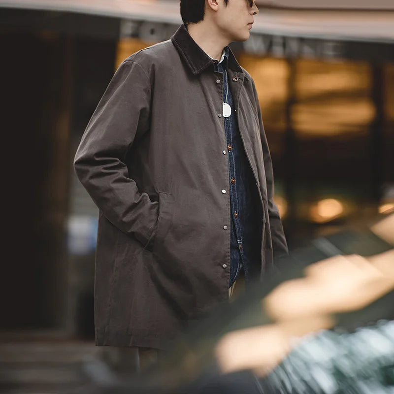 Maden Men's Vintage Waxed Windbreaker Corduroy Turn-down Collar Mid-length Overcoat Windproof and Waterproof Trench Loose Jacket