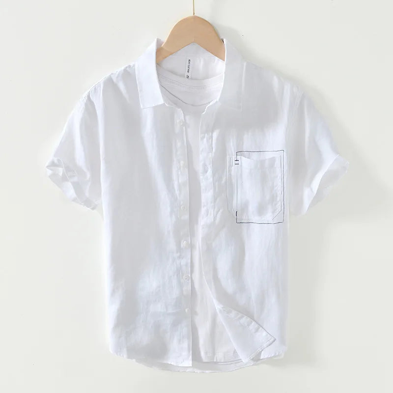 Summer New Casual Cargo Short Sleeve Shirts for Men Pure Linen Simple Slim Thin Men Clothing BL993