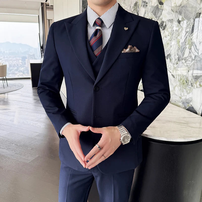 Slim-Fit Three-Piece Set Korean Style Two-Button Groomsmen Formal Wedding Business Suit Handsome Groom Best Man Dress High-
