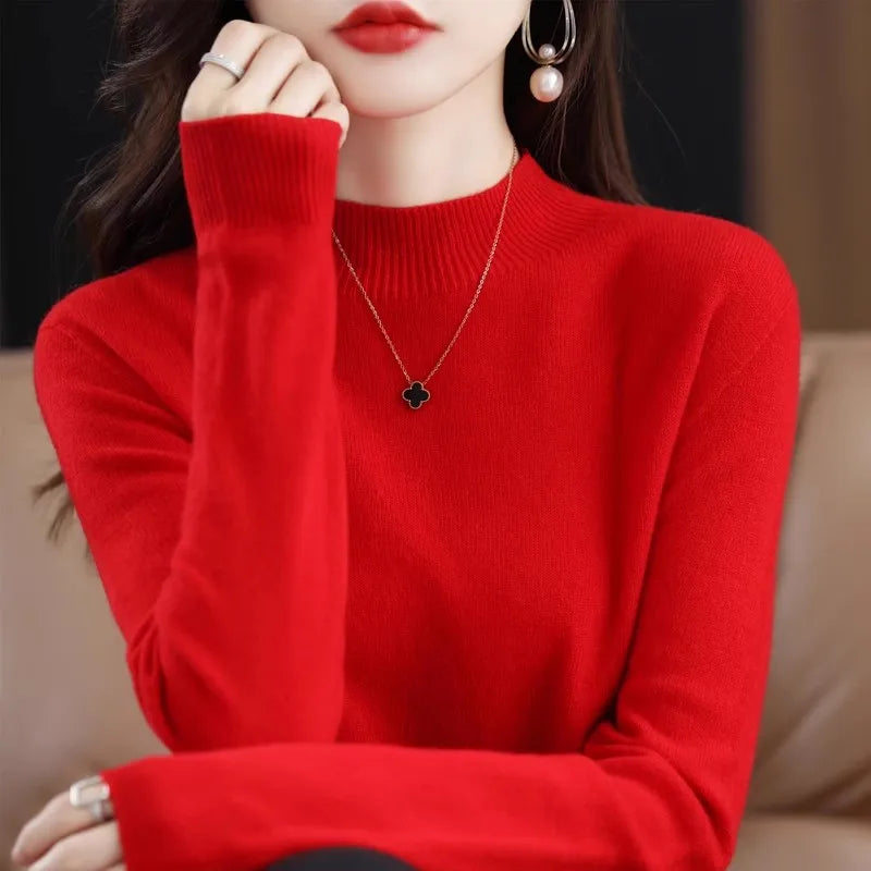Autumn Winter Women Sweater Korean Fashion Warm Bottoming Shirts Half High Collar Basic Knitwear Solid Long Sleeve Pullovers