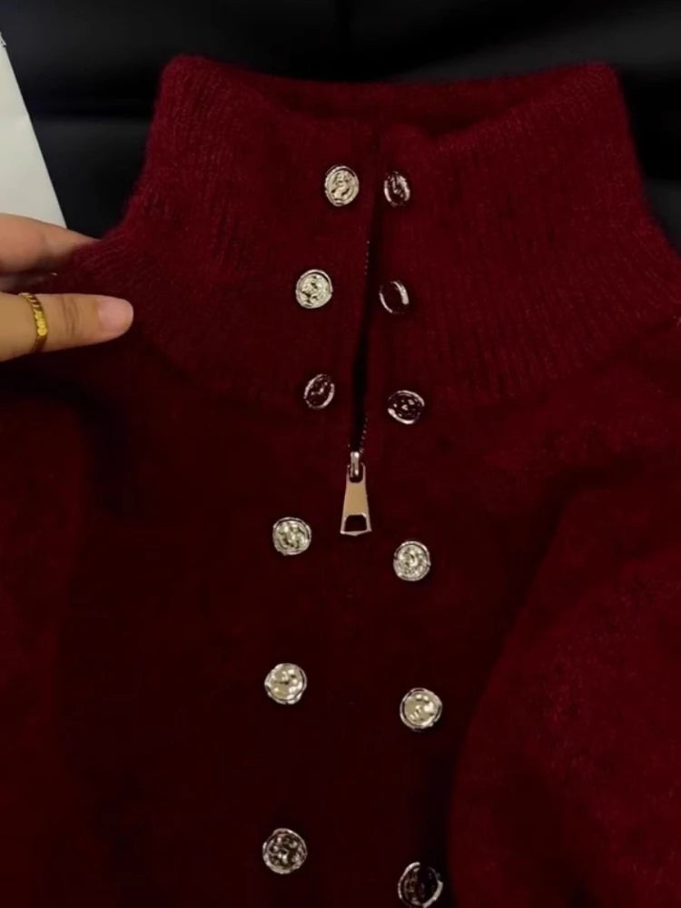 Luxury Fluffy Knitted Cardigan Sweater Design Double Breasted Sweater Coat Women Autumn High-end Lazy Zipper 2000s Y2k Knit Top