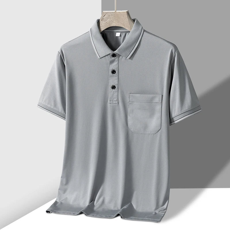 TFETTERS Polo Mens Tshirt for Dady Short Sleeve Turn Down Collar Business Anti-wrinkle Real Pocket Design Polo Shirt Man