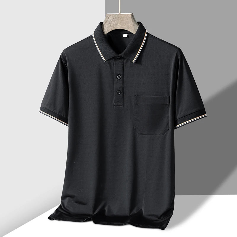TFETTERS Polo Mens Tshirt for Dady Short Sleeve Turn Down Collar Business Anti-wrinkle Real Pocket Design Polo Shirt Man
