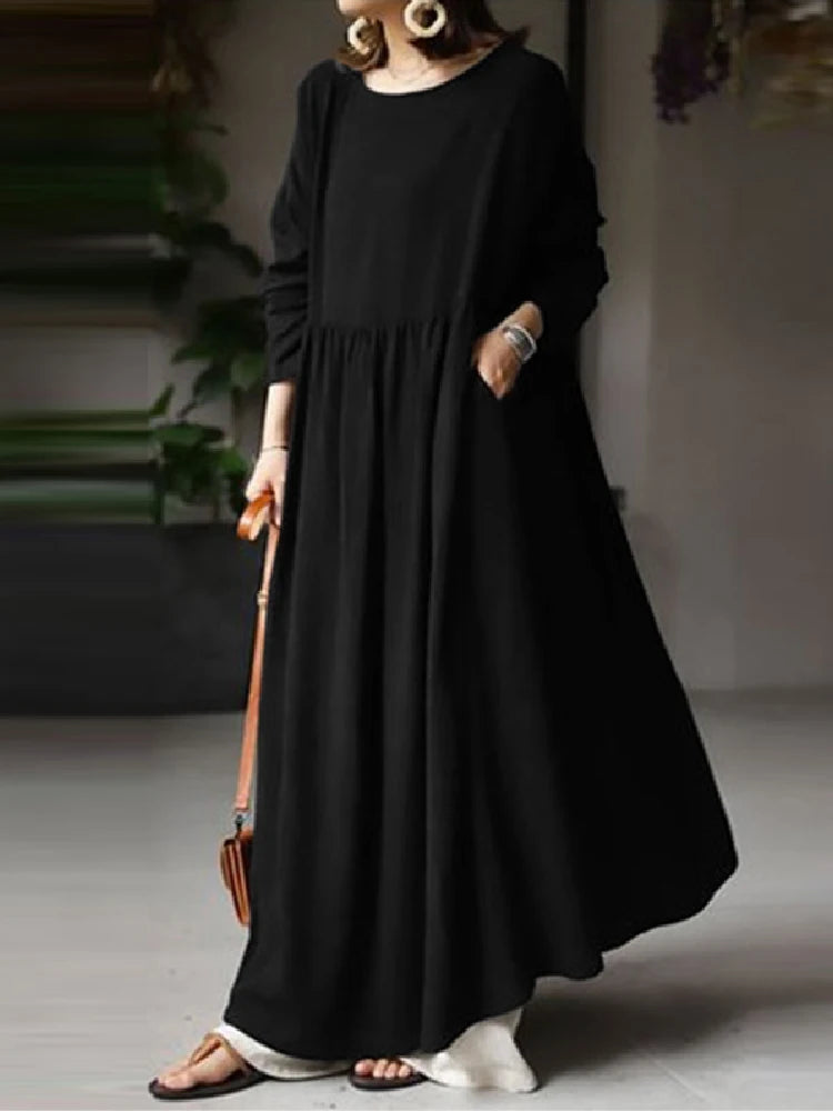 Autumn Women Sundress ZANZEA 2023 Vintage Solid Dresses Female Cotton Robe Casual Long Sleeve Pleated Maxi Vestidos Kaftan