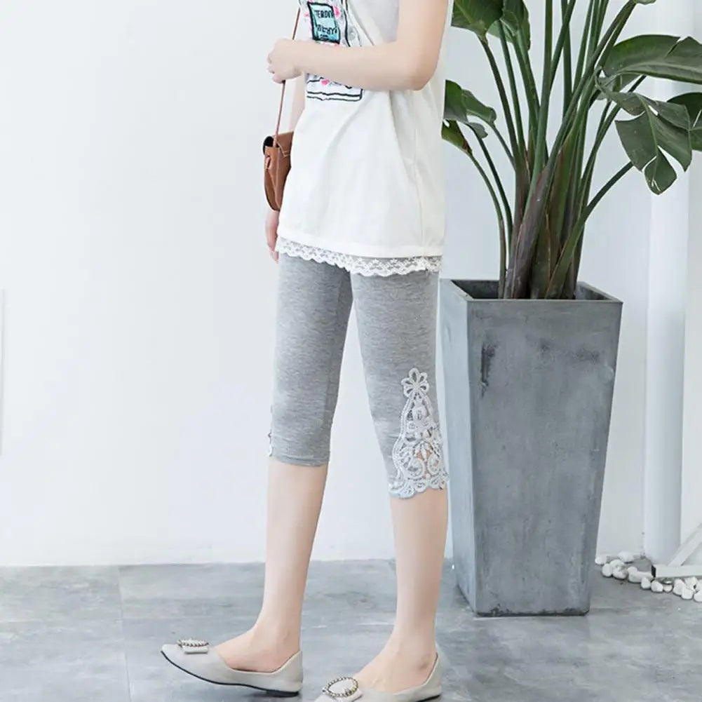 Cropped Leggings Women Elastic Waist Embroidery Lace Stitching Summer Stretchy Cropped Trousers Thin Tight-Fitting Pants 스키니