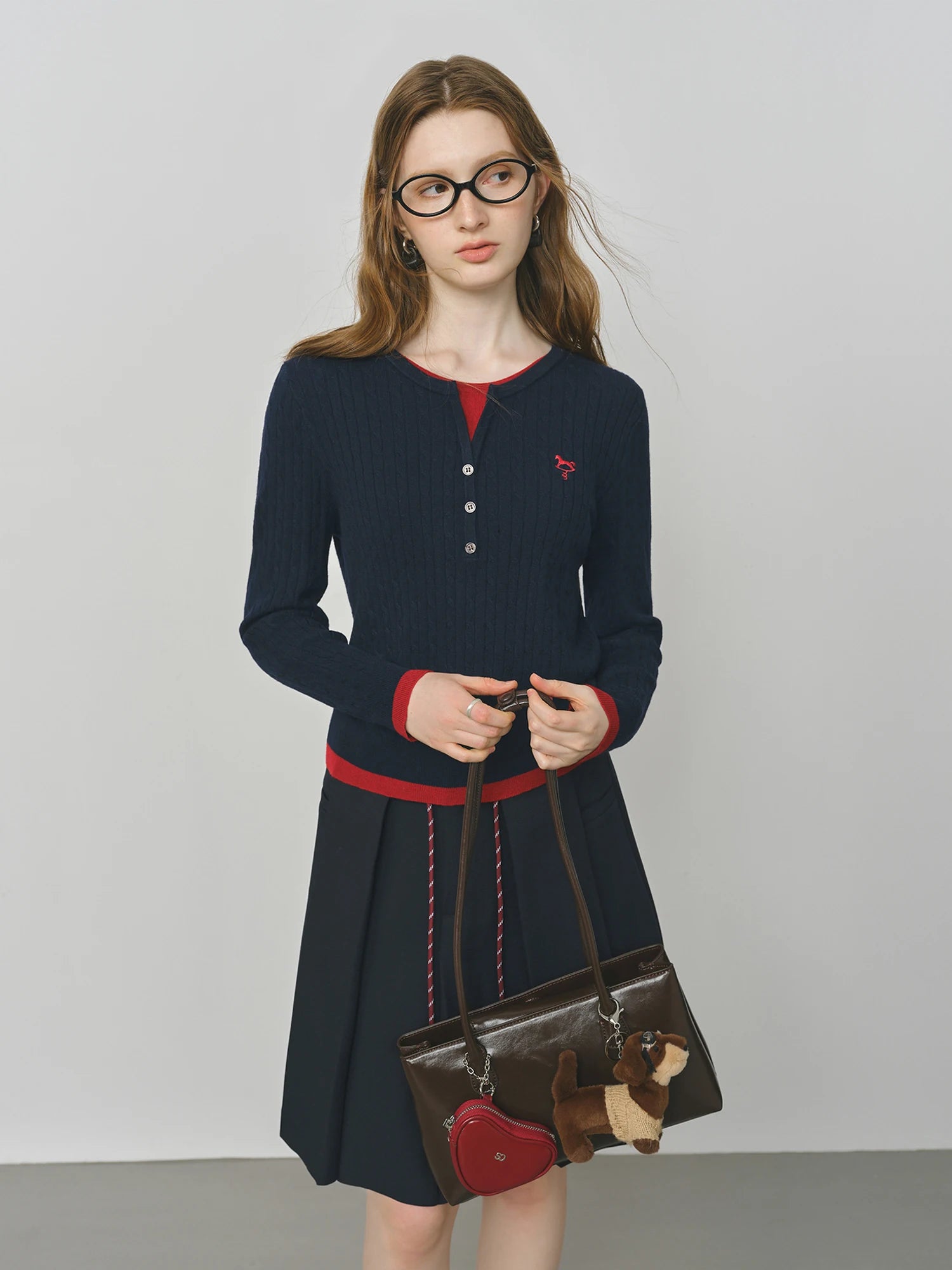 FSLE Fake Two-piece Design Cable Knit Sweater for Women 2025 Autumn New Slim Fit Embroidered Contrast Color Top 25FS13297