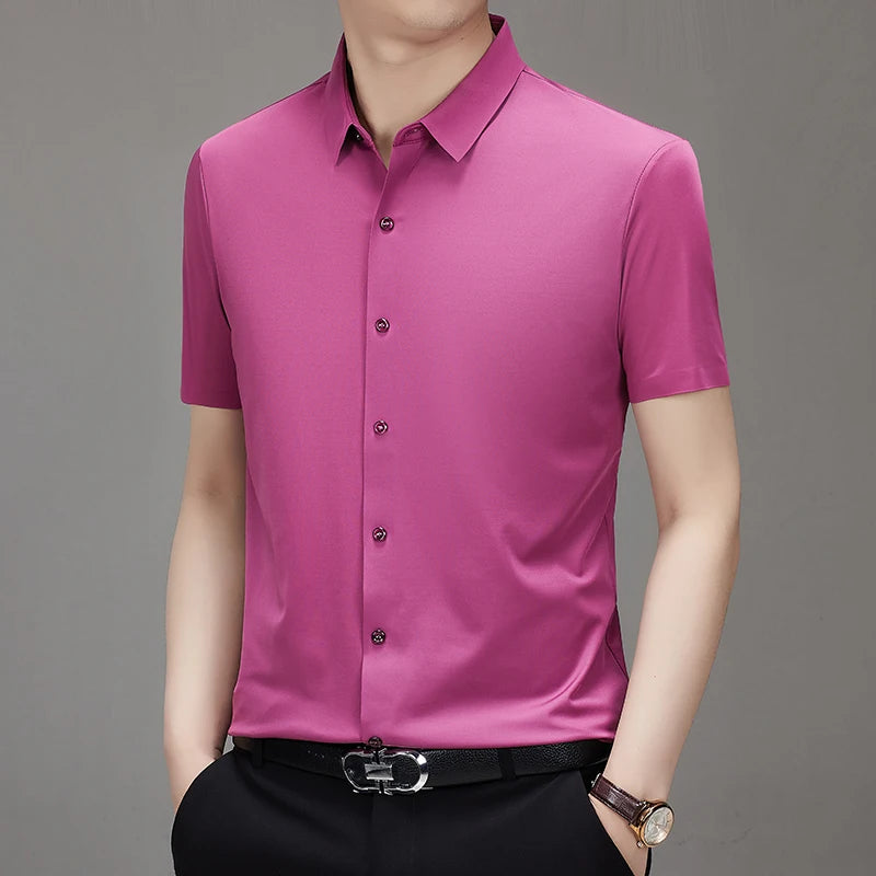 Men's Ultra Stretch Short Sleeve Shirt Business Casual  Breathable Stretchable Abrasion-Resistant Solid Color Short Sleeve Shirt