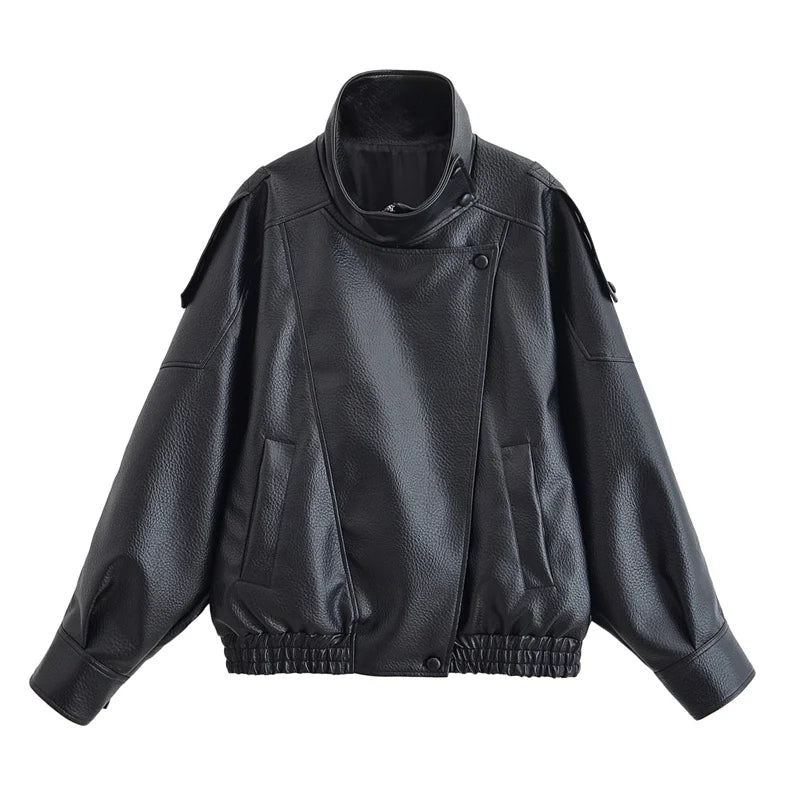 Women's Jacket Fall 2025 New Black Long Sleeve Pebble Faux Leather Jacket Motorcycle Style Personality Fashion