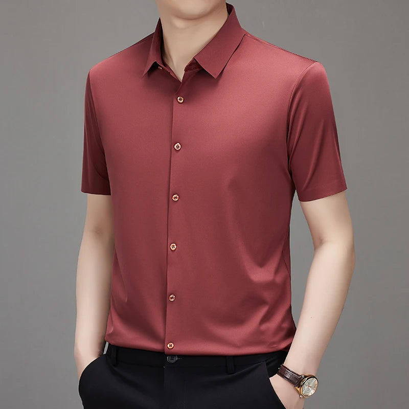 Men's Ultra Stretch Short Sleeve Shirt Business Casual  Breathable Stretchable Abrasion-Resistant Solid Color Short Sleeve Shirt
