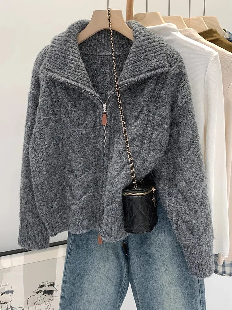 Retro Solid Double Zipper Turn-down Collar Sweater Women Autumn Winter New Lazy Style Loose Knitted Cardigan Thicken Loose Tops