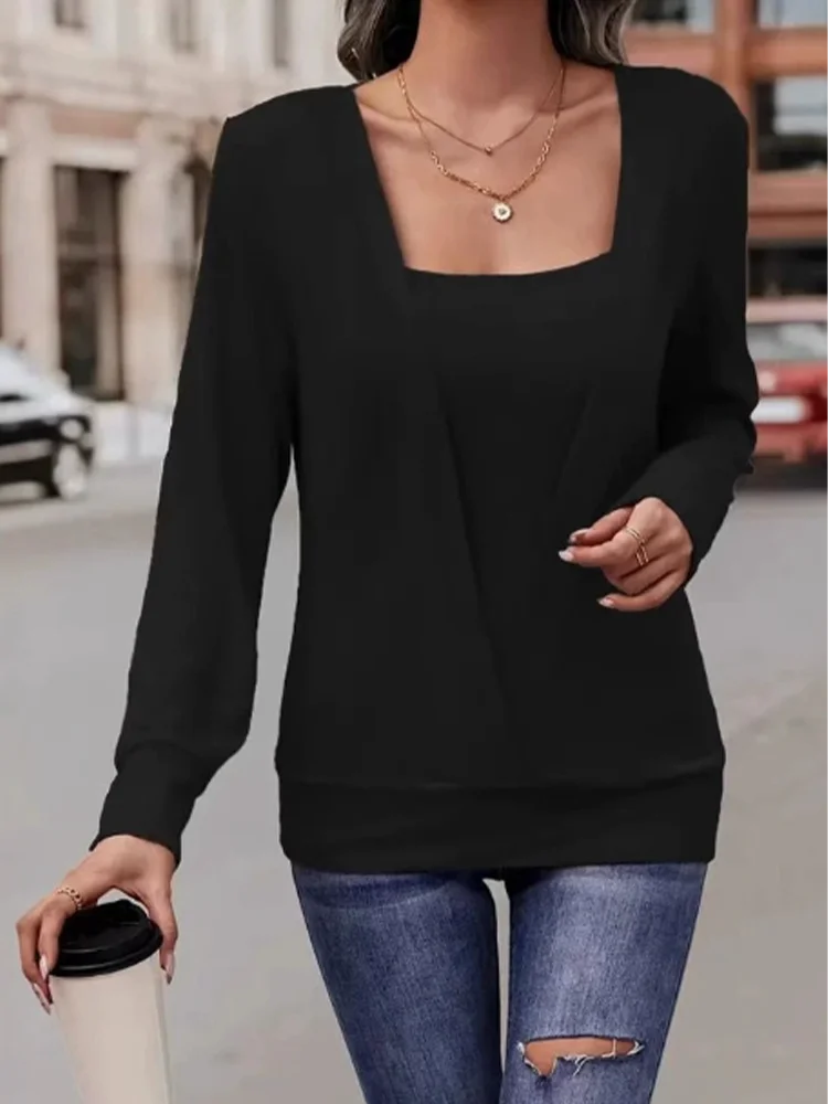 Casual Loose Long Sleeved Solid Color Square Neck Women's T-shirt Daily Office Elegant Commuting Style Autumn Top