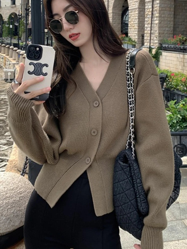 AOSSVIAO Knitted Casual Cardigan 2025 Autumn Winter Elegance Solid Color V-neck Sweater Unique and Niche Slim Fit Tops