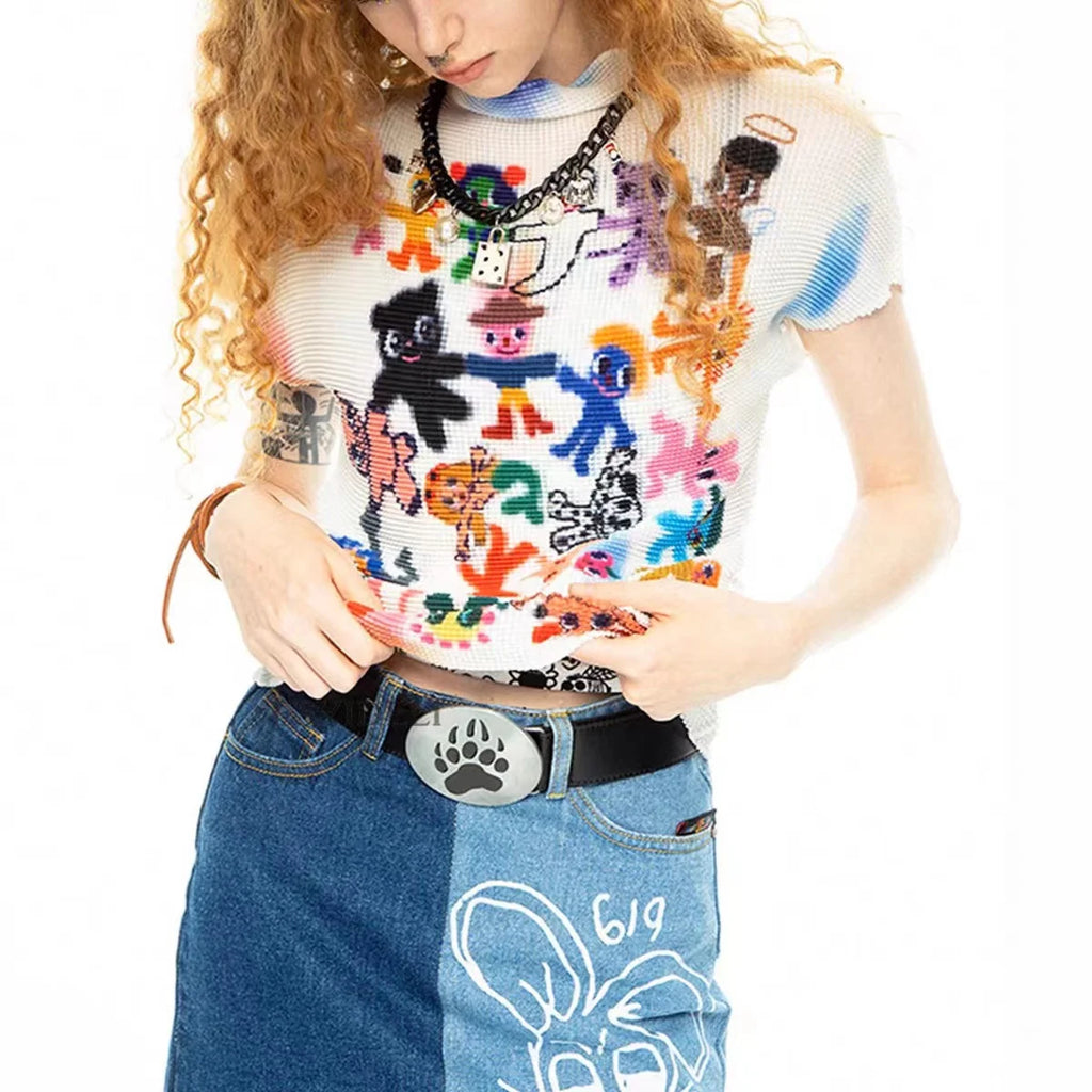 Women Bodycon T-Shirts Short Sleeve Tie Dye Tees Stretch Crop Tops Goblin Core 2000s Coquette Gyaru Aesthetic Kpop Kawaii Summe