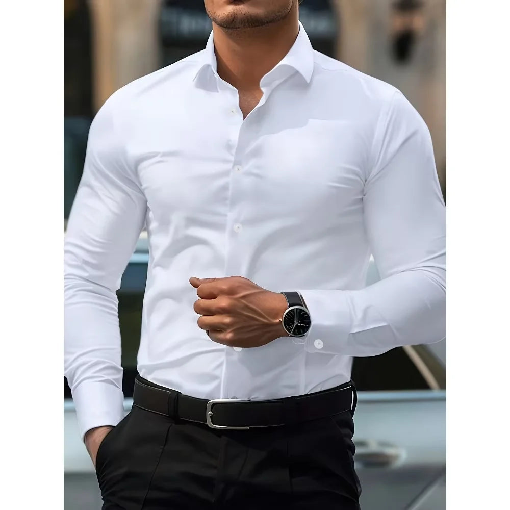 FGKKS Men Casual White Shirt Brand Fashion Solid Color Long Sleeve Elastic Fabric Male Business Dress Shirt