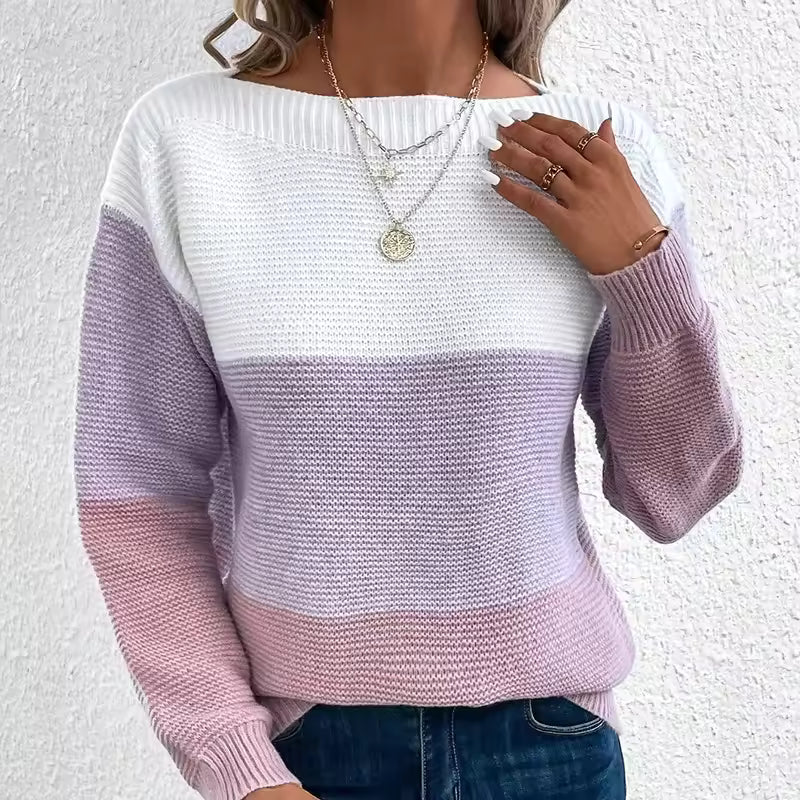Women's Contrast Color Long Sleeve Round Neck Sweaters Female Stitching 2025 Fall Jumpers Lady Casual Warm Comfortable Pullover Women’s Contrast Color Long Sleeve Round Neck Sweater | Trendy Knitwear USA & Worldwide