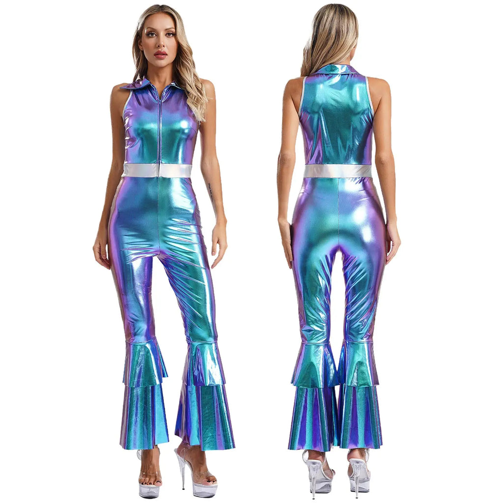 Womens 70S Disco Vintage Jumpsuit Metallic Shiny Flare Sleeve Bodysuit Hippie Bell Bottom Jazz Dance Carnival Rave Party Costume