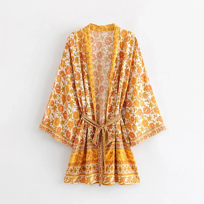 TEELYNN Women Cardigan Boho Blouse and Shirt Yellow Floral Print Kimono Sleeve