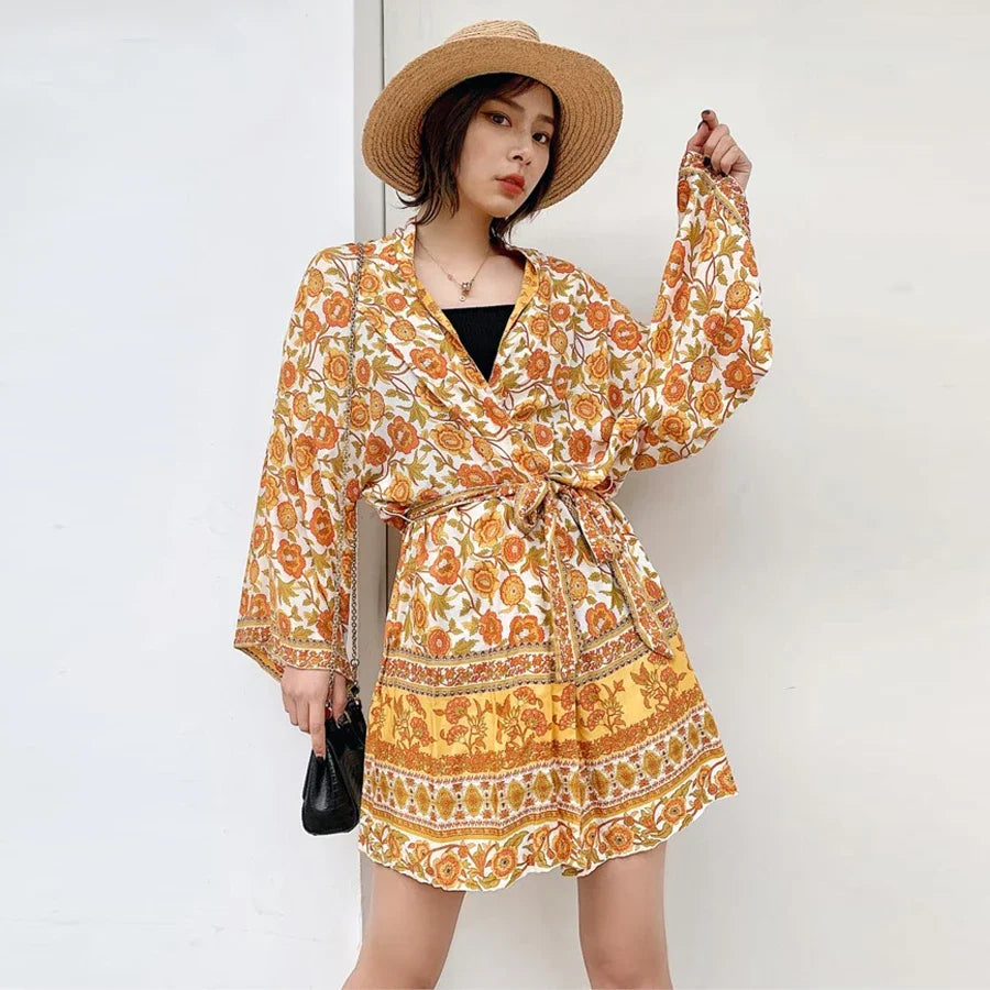 TEELYNN Women Cardigan Boho Blouse and Shirt Yellow Floral Print Kimono Sleeve