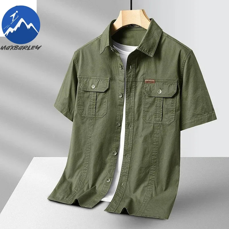 Summer Short Sleeve Shirt Men 100 Cotton Refreshing Breathable Sweat Absorbing Shirt Climbing Work Clothes Pocket Fishing Shirt