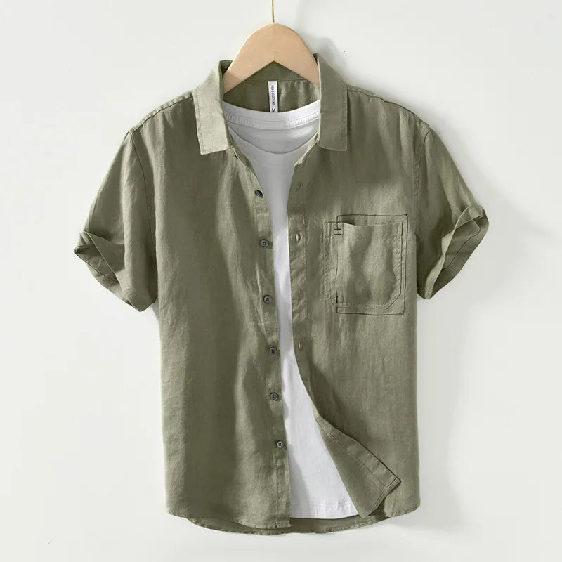 Summer New Casual Cargo Short Sleeve Shirts for Men Pure Linen Simple Slim Thin Men Clothing BL993