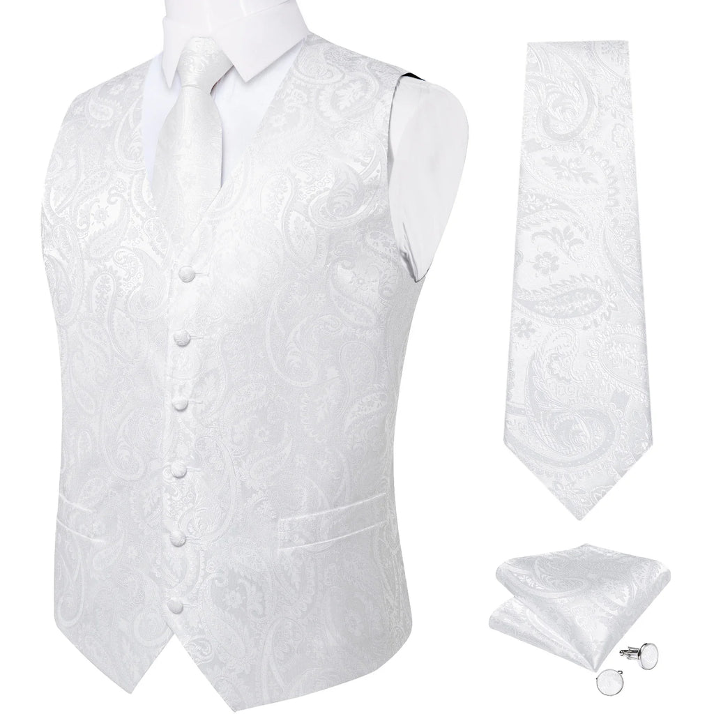 Fashion Light Blue Paisley Silk Vests for Men with Tie Handkerchief Cufflinks Business Wedding Party Waistcoat Tuxedo Vest