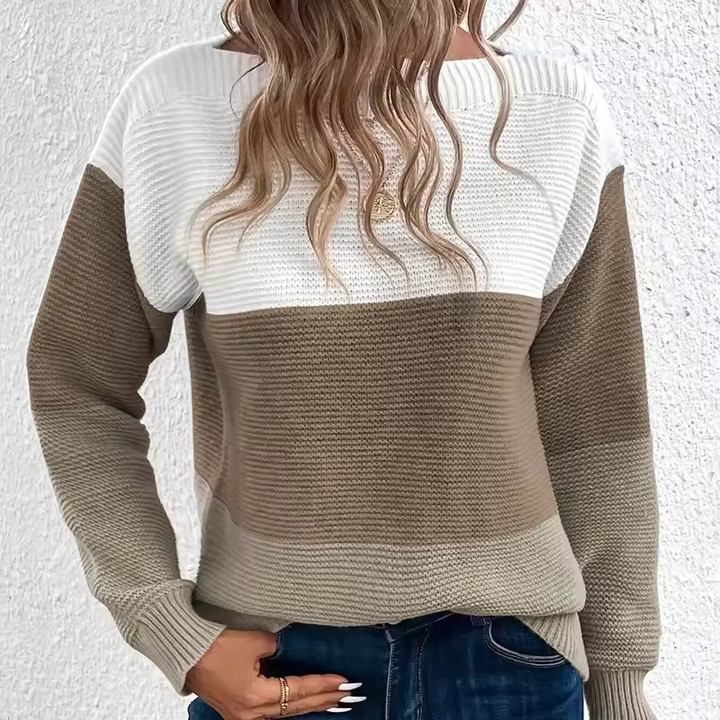 Women's Contrast Color Long Sleeve Round Neck Sweaters Female Stitching 2025 Fall Jumpers Lady Casual Warm Comfortable Pullover Women’s Contrast Color Long Sleeve Round Neck Sweater | Trendy Knitwear USA & Worldwide