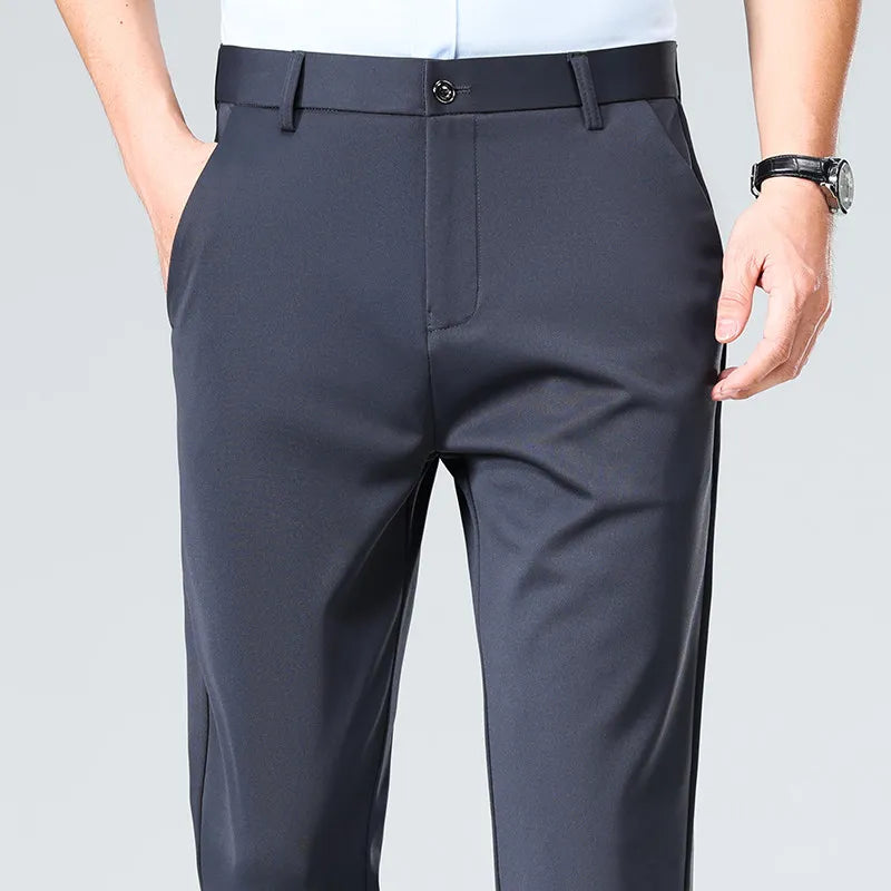 Spring Summer Stretch Smooth Trousers Men Classic Business Elastic Waist Pants Thin Black Gray Blue Casual Suit Pants Male Brand