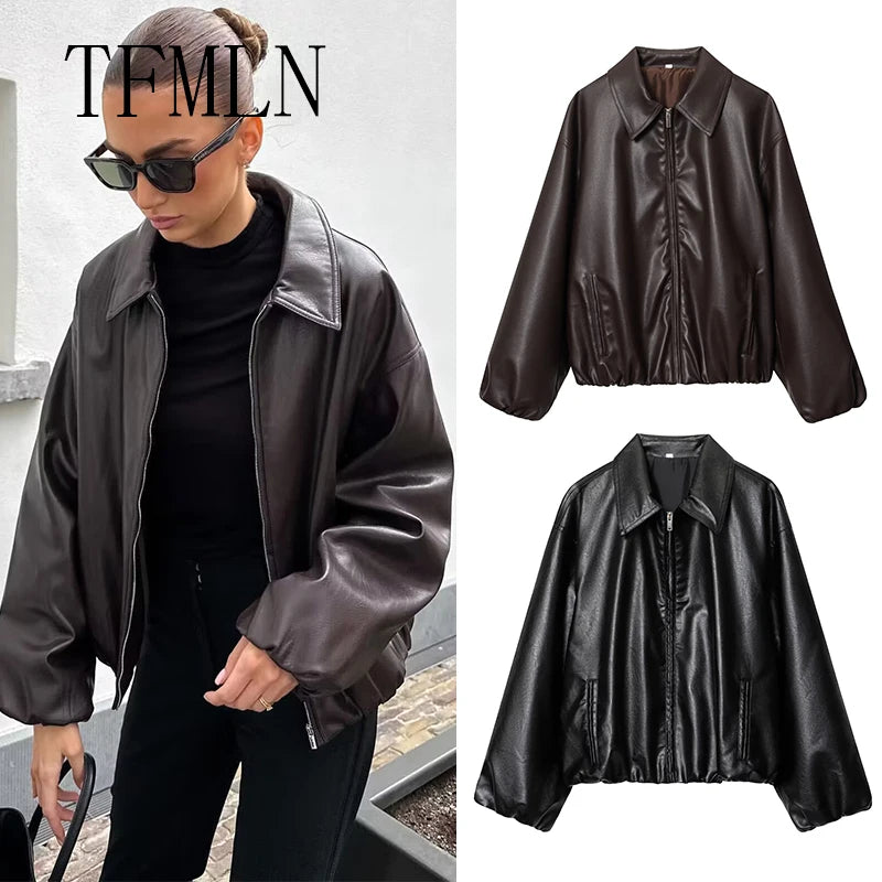 TFMLN Autumn New Style Imitation Women Leather Pilot Jacket Female New Arrival Casual Outerwear for Ladies Leather Coat