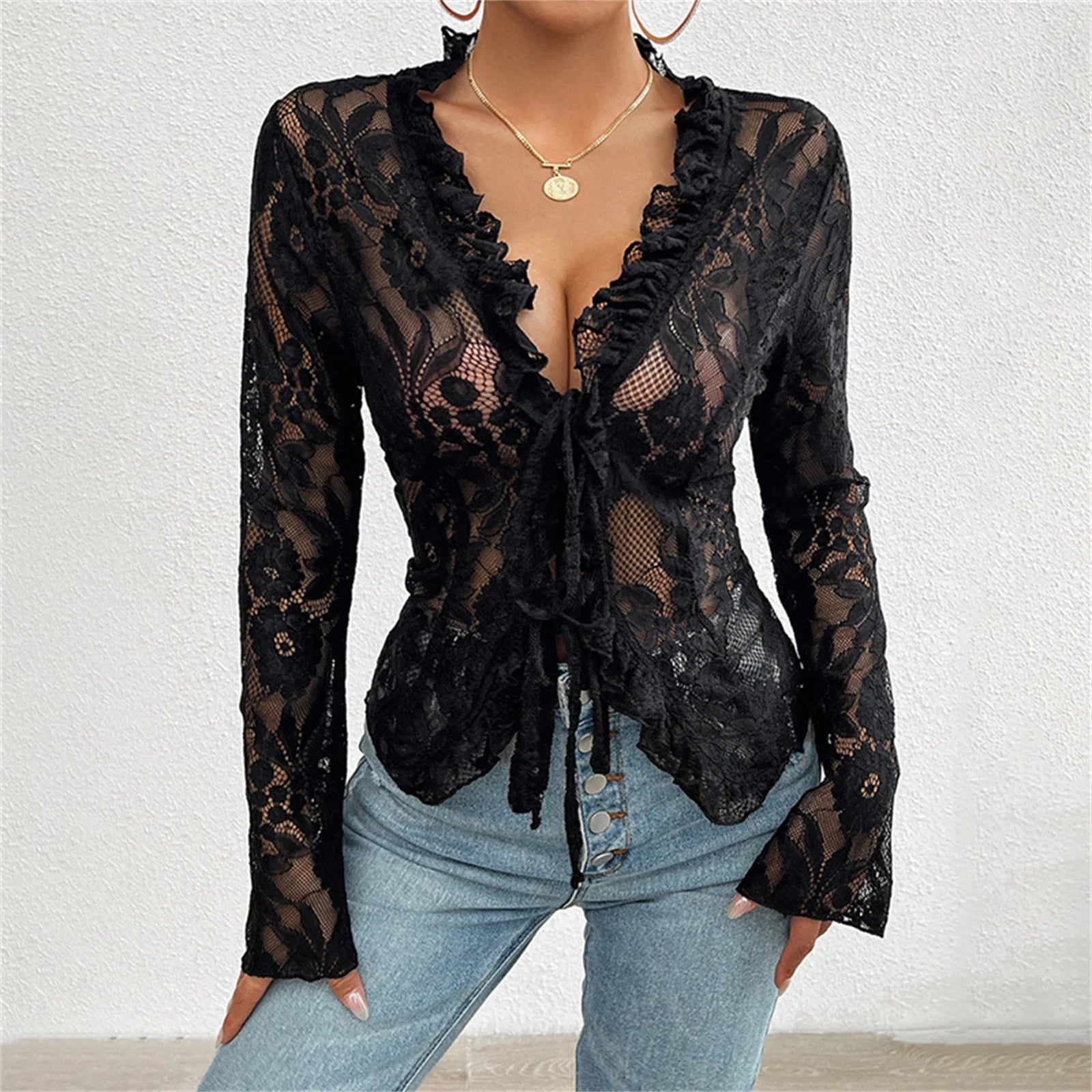 Sexy Women Mesh Lace T-Shirts Long Sleeve Tops Transparent Casual Sheer Basic Tie Front Shirt Blouses for Club Aesthetic Clothes
