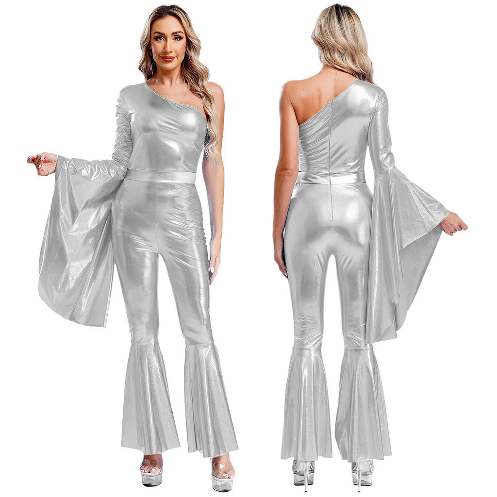 Womens 70S Disco Vintage Jumpsuit Metallic Shiny Flare Sleeve Bodysuit Hippie Bell Bottom Jazz Dance Carnival Rave Party Costume