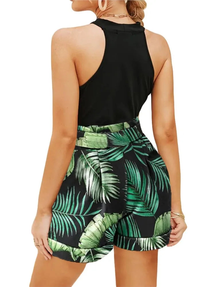 Summer Sexy Women's 2-piece Tank Tops Fashion Beach Suit Slim Short Top Shorts Print Casual Hollow Sleeveless Vest 2 Piece Suit