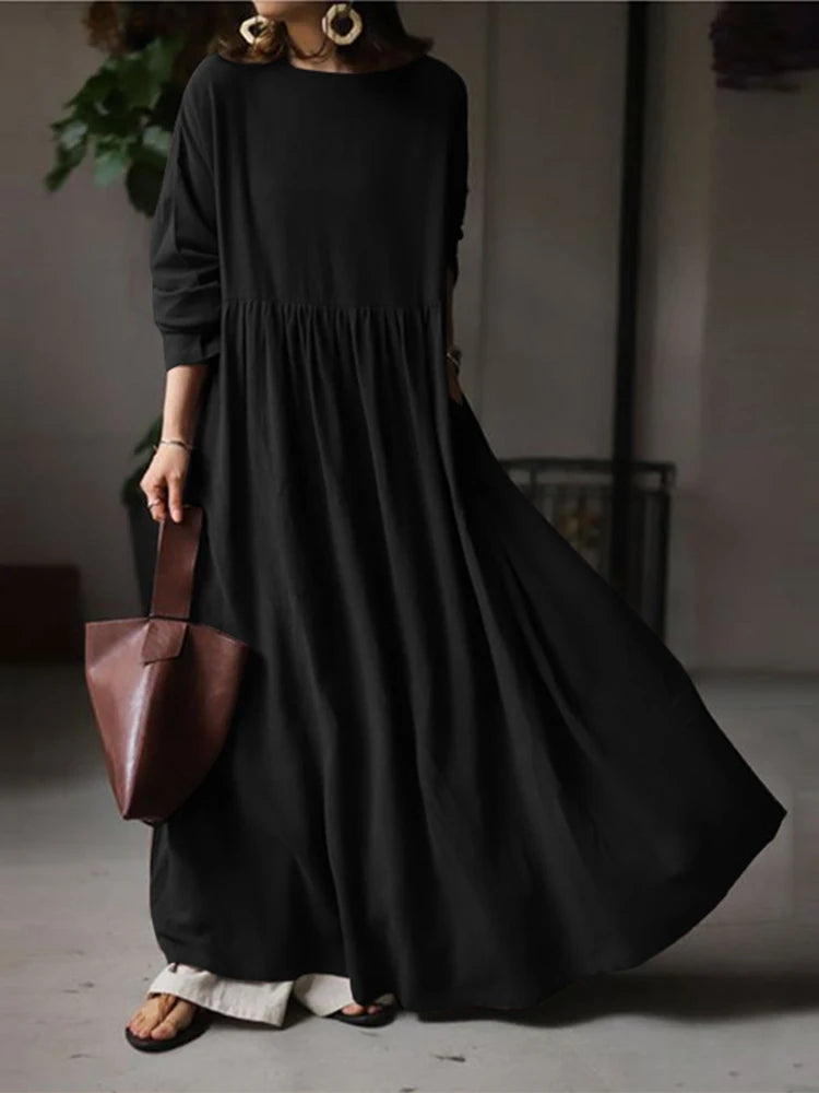 Autumn Women Sundress ZANZEA 2023 Vintage Solid Dresses Female Cotton Robe Casual Long Sleeve Pleated Maxi Vestidos Kaftan