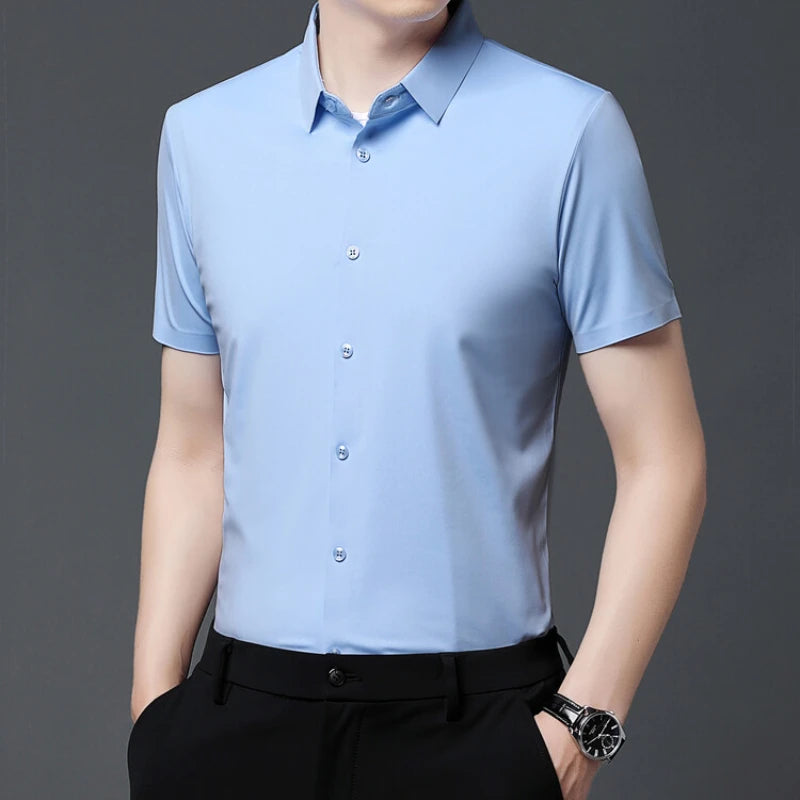 Men's Ultra Stretch Short Sleeve Shirt Business Casual  Breathable Stretchable Abrasion-Resistant Solid Color Short Sleeve Shirt