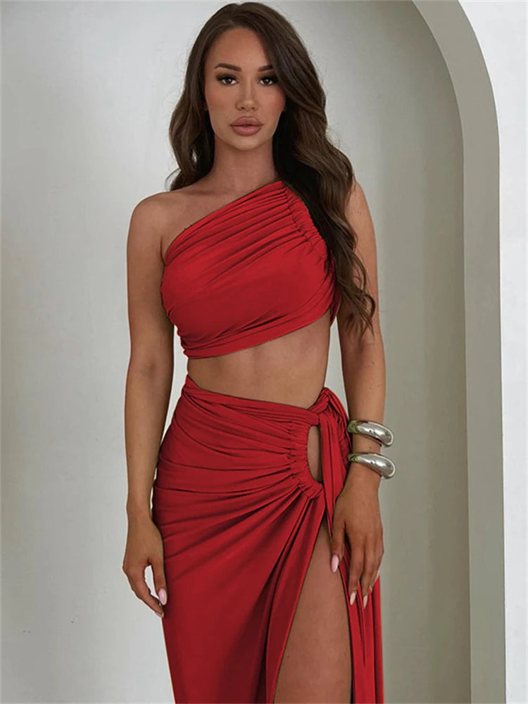 Ladies Summer 2 Pieces Set Women Sleeveless Backless Strap Spit Crop Top Side Slit Slim Long Skirt Evening Party Club Streetwear