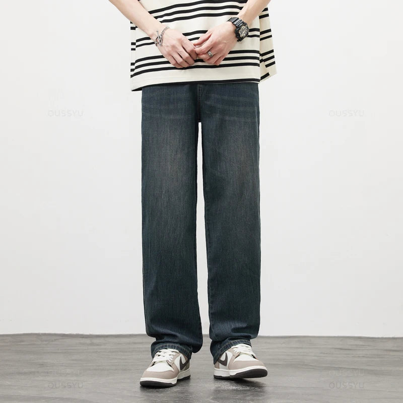 Spring Summer High Quality Soft Lyocell Fabric Jeans Men Thin Loose Wide Leg Pants Elastic Waist Casual Trousers Plus Size 28-40