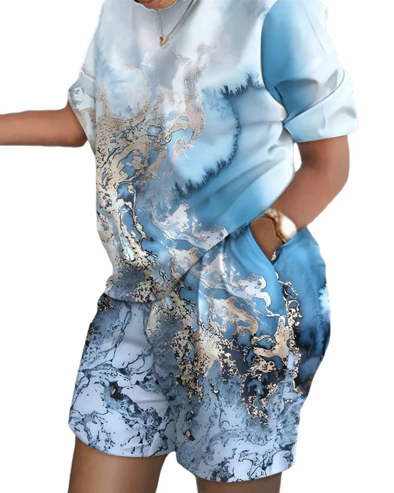 Women Casual Short Sleeve Outfit 2024 Summer Fashion Letter Printed O Neck Pocket Suit Female T Shirt Top Shorts Two Pieces Set