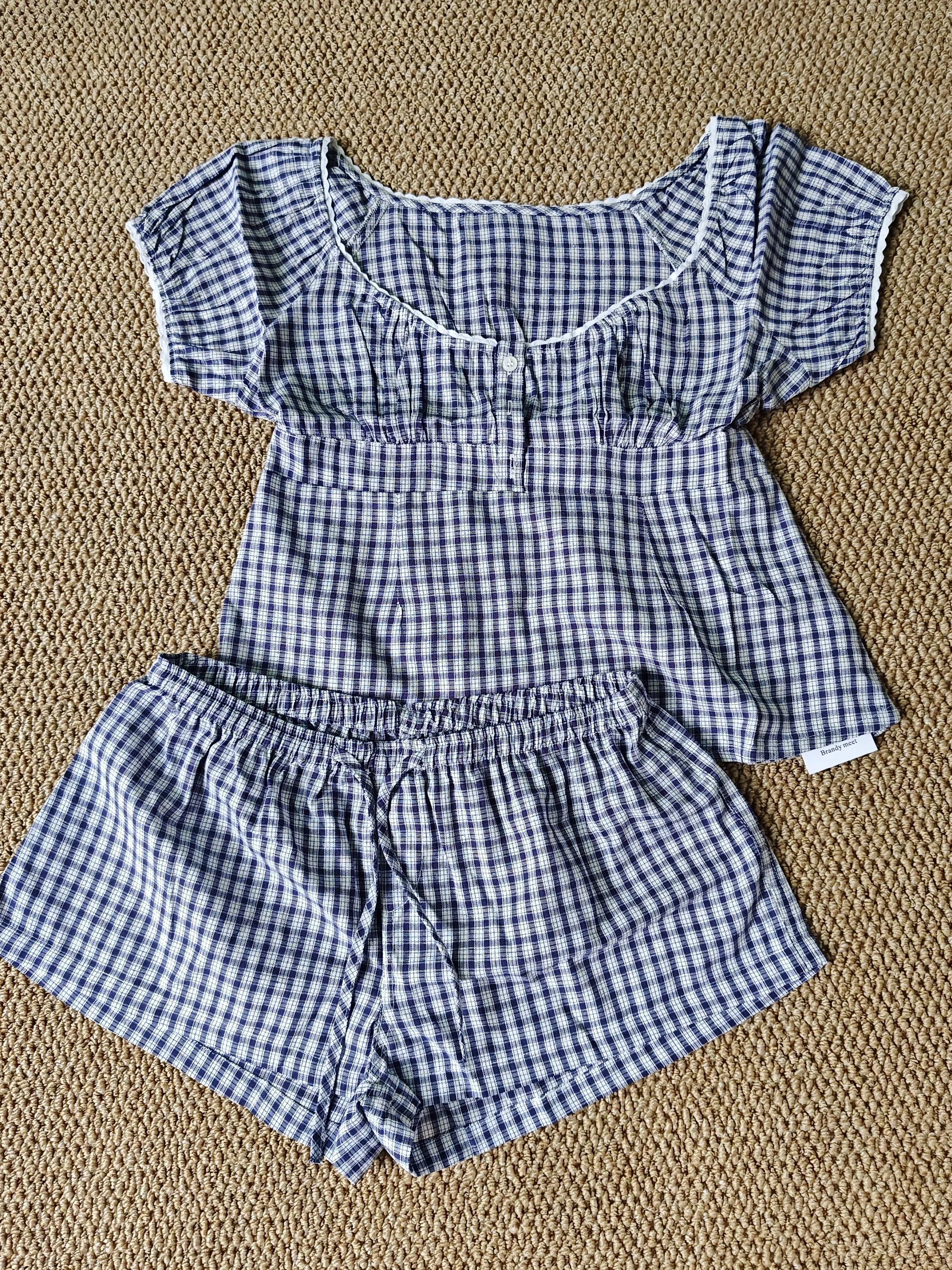 Red Plaid T-Shirt Shorts Set Women Summer Lace-up Puff Sleeve Blouse+Buttons Elastic Waist Short Pants Cotton Sweet 2 Piece Sets