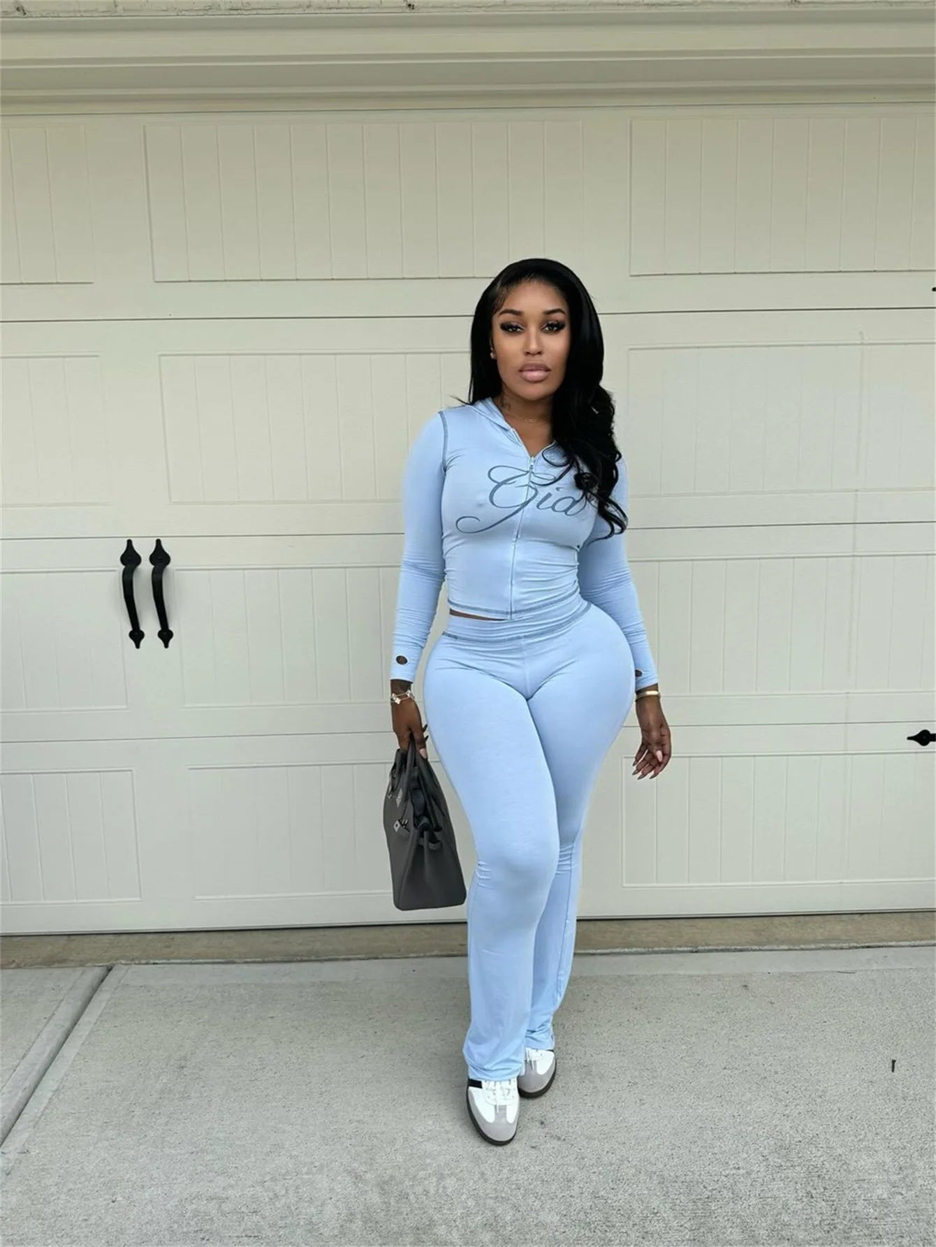 Spring And Autumn Print 2 Pieces Set Causal Street Outfits Women Y2K Fashion Long Sleeve Zip Hooded Crop Tops