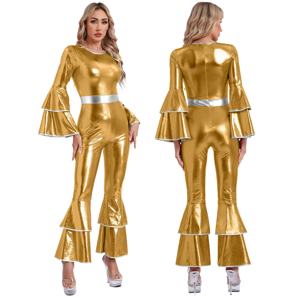 Womens 70S Disco Vintage Jumpsuit Metallic Shiny Flare Sleeve Bodysuit Hippie Bell Bottom Jazz Dance Carnival Rave Party Costume
