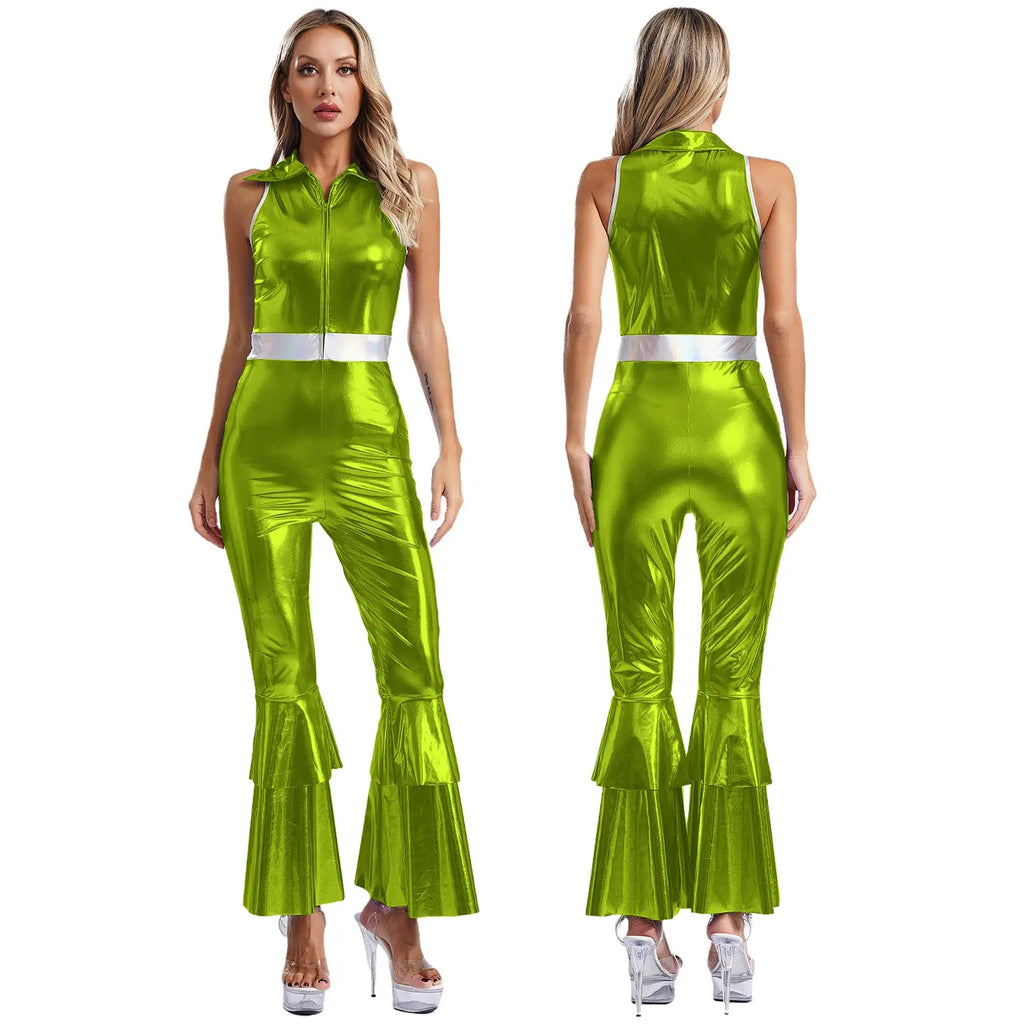 Womens 70S Disco Vintage Jumpsuit Metallic Shiny Flare Sleeve Bodysuit Hippie Bell Bottom Jazz Dance Carnival Rave Party Costume