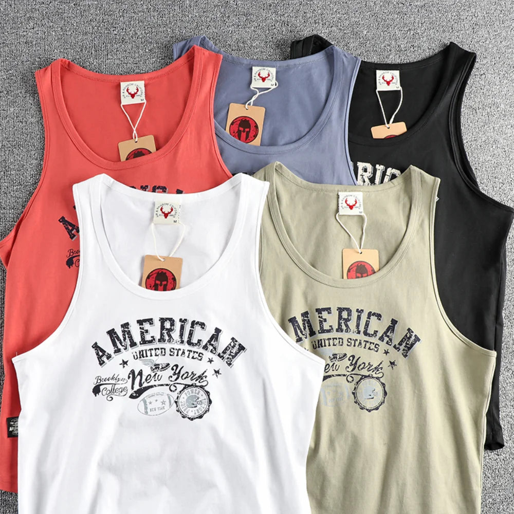 Retro trend letter pattern men's sweat vest all cotton wash fitness sports sleeveless vest T-shirt