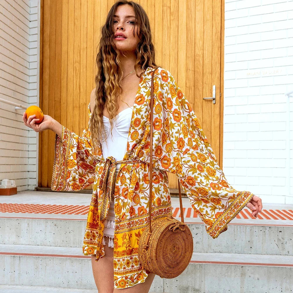 TEELYNN Women Cardigan Boho Blouse and Shirt Yellow Floral Print Kimono Sleeve
