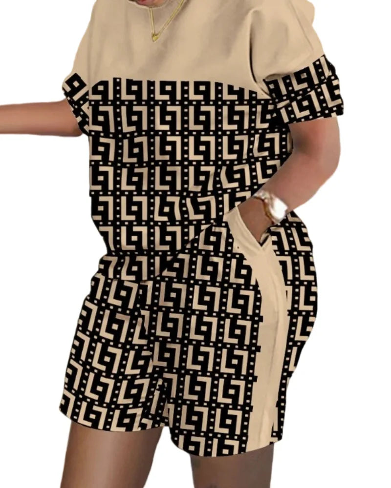 Women Casual Short Sleeve Outfit 2024 Summer Fashion Letter Printed O Neck Pocket Suit Female T Shirt Top Shorts Two Pieces Set