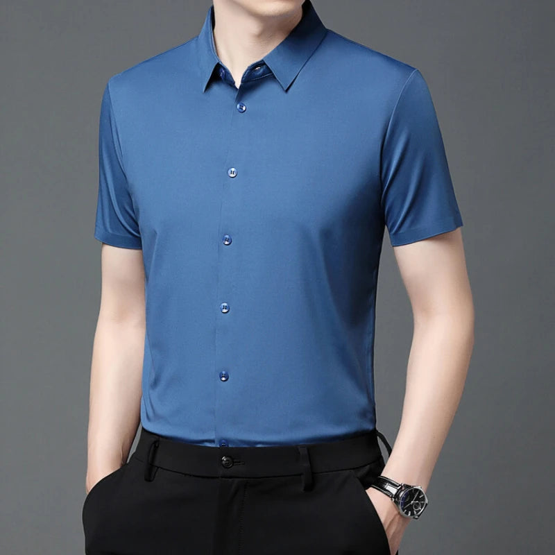Men's Ultra Stretch Short Sleeve Shirt Business Casual  Breathable Stretchable Abrasion-Resistant Solid Color Short Sleeve Shirt