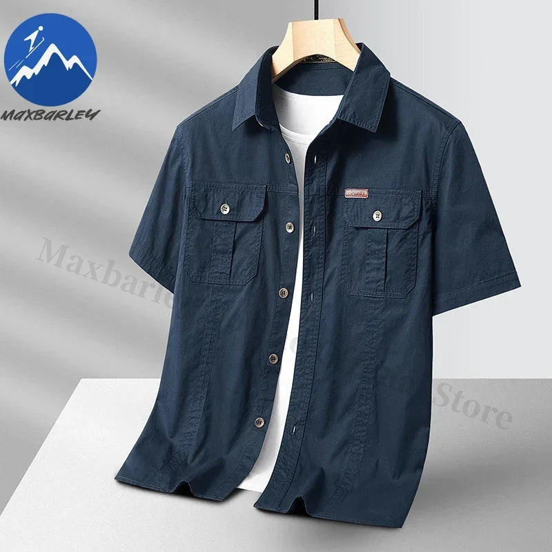 Summer Short Sleeve Shirt Men 100 Cotton Refreshing Breathable Sweat Absorbing Shirt Climbing Work Clothes Pocket Fishing Shirt