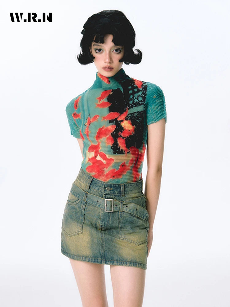 Women Bodycon T-Shirts Short Sleeve Tie Dye Tees Stretch Crop Tops Goblin Core 2000s Coquette Gyaru Aesthetic Kpop Kawaii Summe