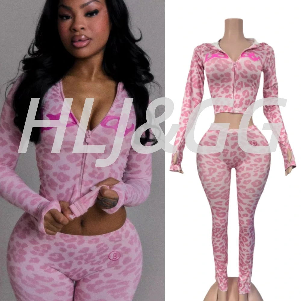 HLJ&GG Autumn New Letter Print Zipper Tracksuits Women Long Sleeve Slim Top And Skinny Pants Two Piece Sets Fashion 2pcs Outfits