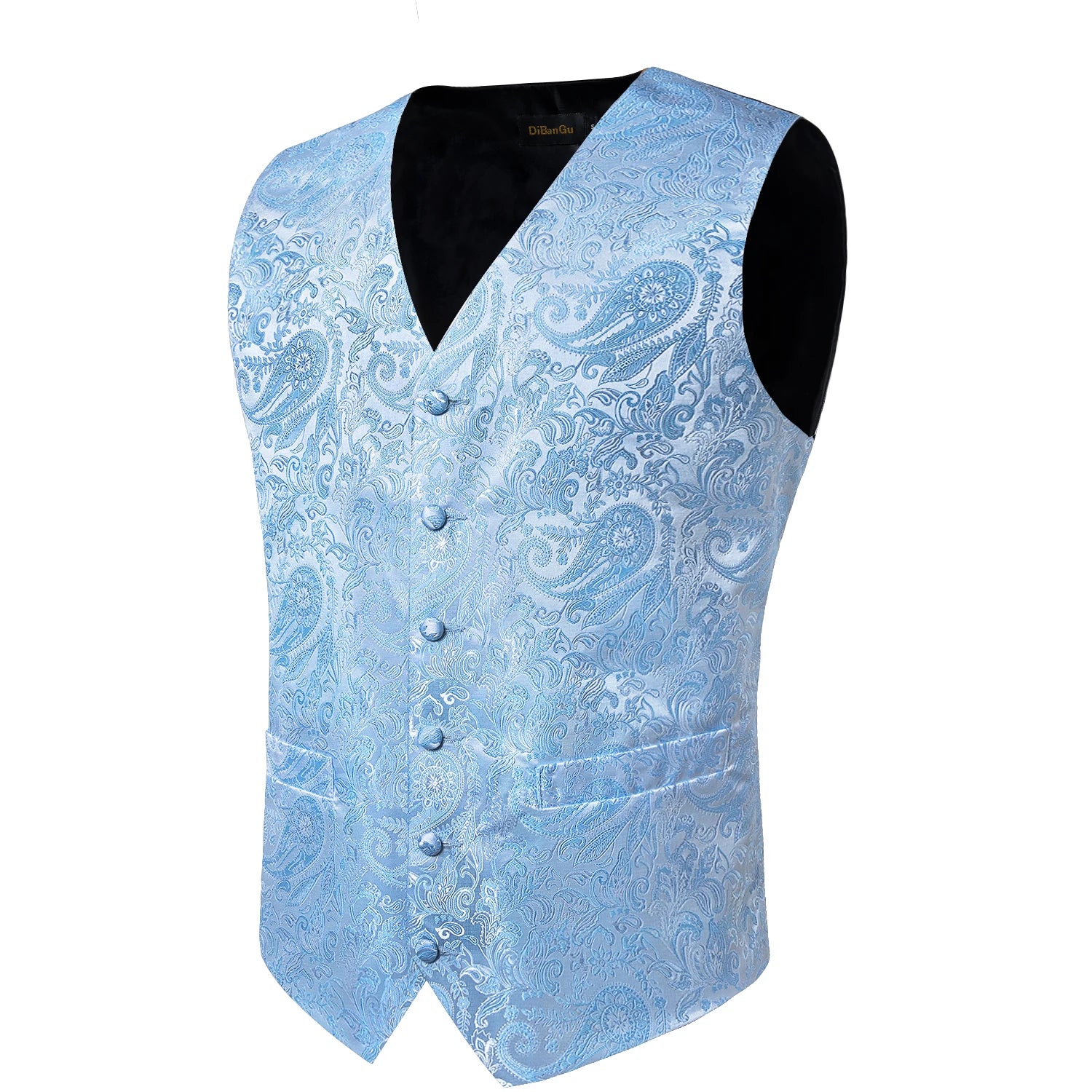 Fashion Light Blue Paisley Silk Vests for Men with Tie Handkerchief Cufflinks Business Wedding Party Waistcoat Tuxedo Vest